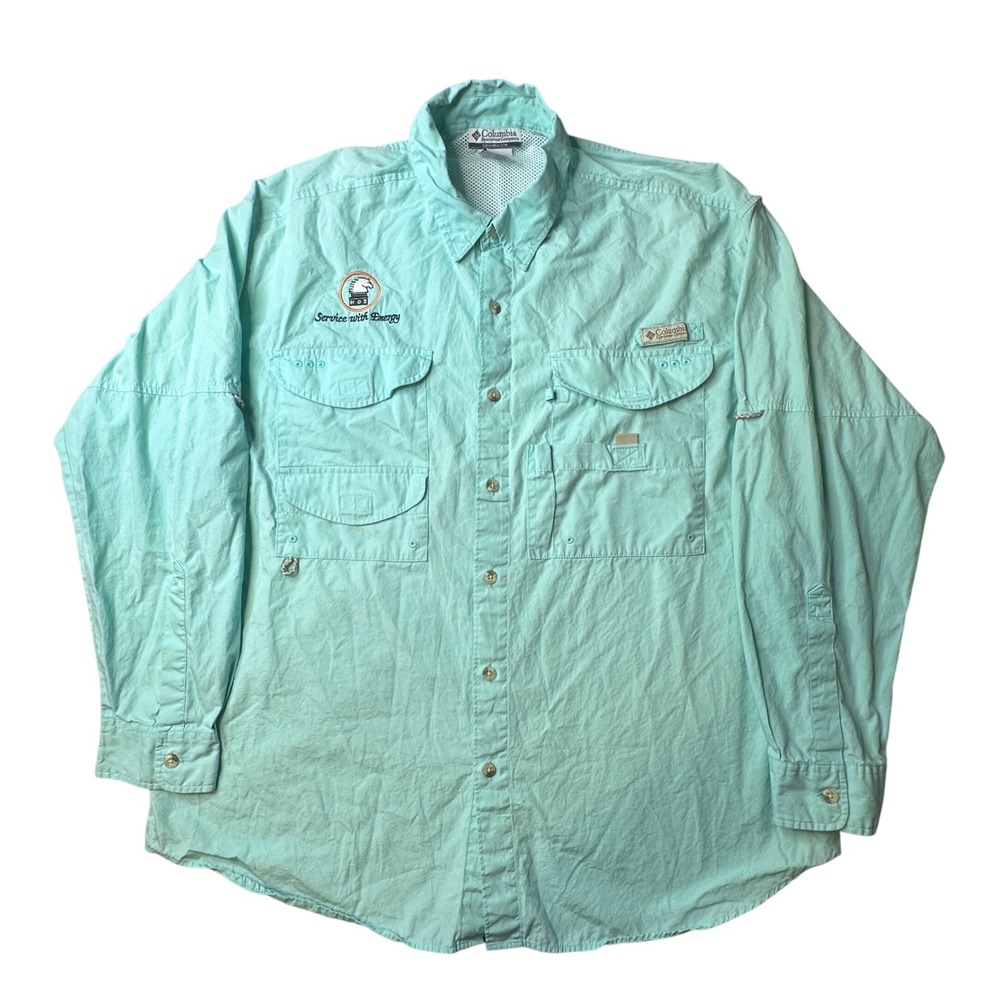 Columbia Fishing Shirt Mens L Green PFG FM7120 Long Sleeve Button Up Logo Cotton